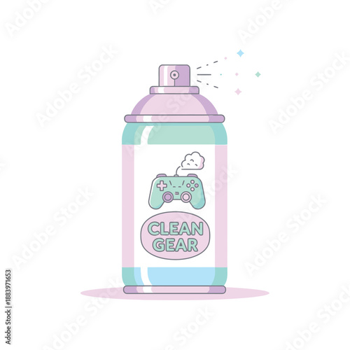 Creative illustration of a spray can labeled 'clean gear' with gaming and cloud icons for cleaning