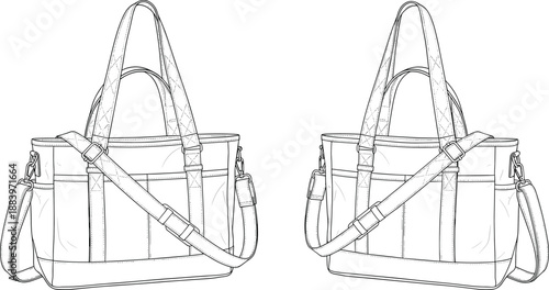 Tote bag front and back vector line illustration with shoulder strap isolated on white background for fashion accessory design use