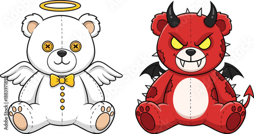 Cute angel and devil teddy bear illustration showing good versus evil concept, cartoon plush toy characters vector isolated on white