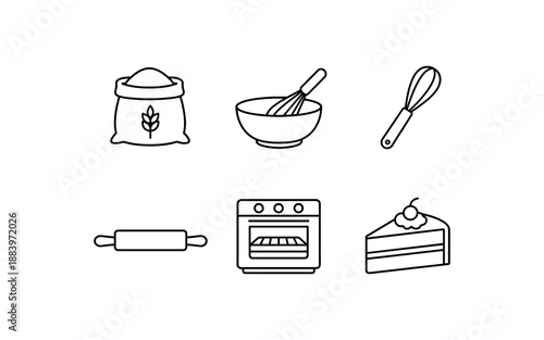 Collection of baking icons including flour, whisk, bowl, rolling pin, oven, and cake slice
