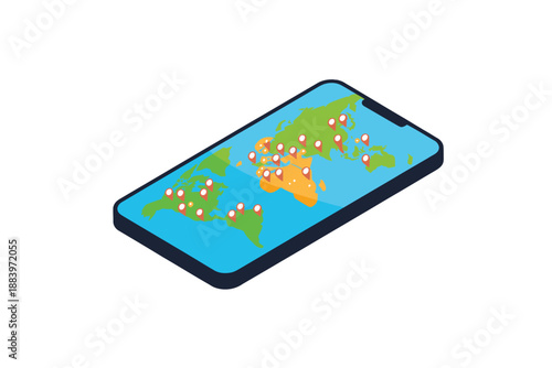 A smartphone displaying a world map with various location markers on screen