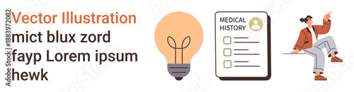 Healthcare, innovation, creative thinking, medical documentation, ideas, brainstorming. A medical history form, a light bulb and a person sitting. Healthcare and innovation concept