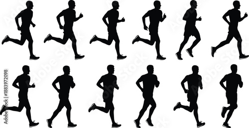 Running man silhouette sequence showing jogging and sprinting poses, athletic fitness and endurance training concept vector isolated on white
