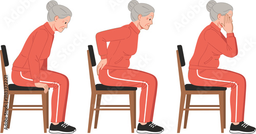 Senior woman seated exercise illustration demonstrating posture correction and gentle movements, elderly fitness and physical therapy vector isolated on white