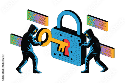 Two masked hackers working together to unlock a large blue padlock with a key