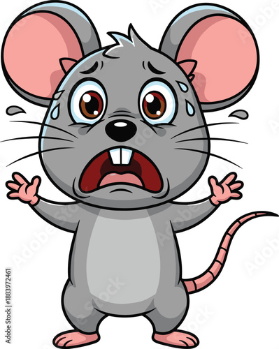 Cute scared mouse cartoon character with big eyes and raised hands, funny animal mascot vector illustration isolated on white