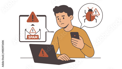 A worried man dealing with spam and malware on his devices