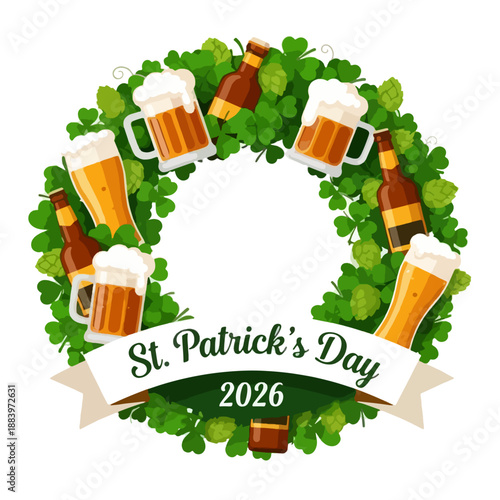 St. Patrick's Day 2026 Beer Wreath with Mugs, Bottles, Hops, and Greenery