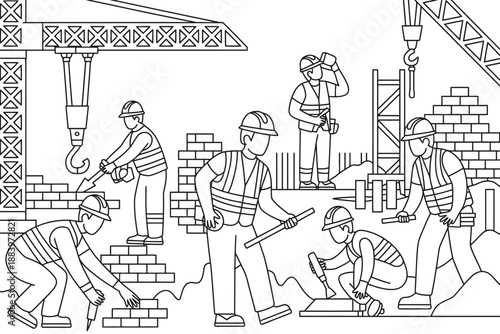 A group of construction workers building a structure with a crane