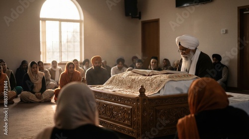 Older man reading from holy book at a religious ceremony in a spiritual setting with men and women seated during a memorial service.