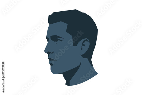 A blue silhouette of a young man with short hair looking left