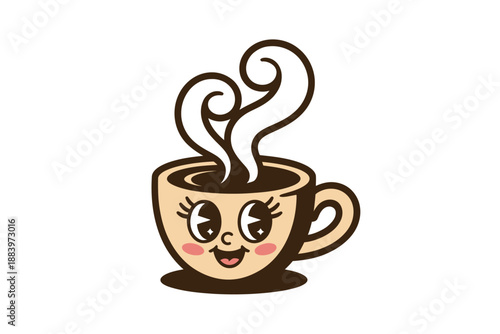A cartoon coffee cup with a smiling face and steaming hot coffee