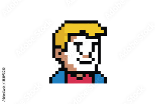 A pixelated illustration of a smiling man with blonde hair and blue jacket