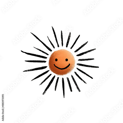 A smiling, orange-colored face with dark radiating lines on a stark black background