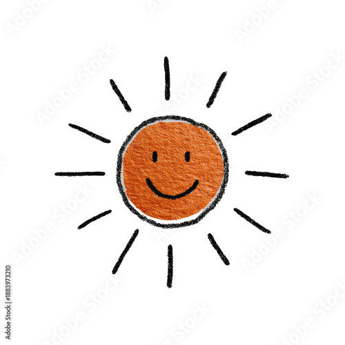 A cheerful sun drawing with orange texture, a smiling face, and black rays radiating outwards