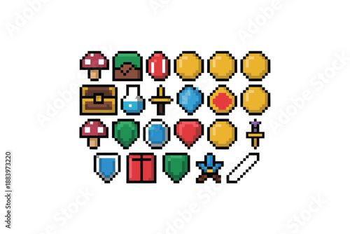 A collection of pixelated video game icons and symbols on a white background