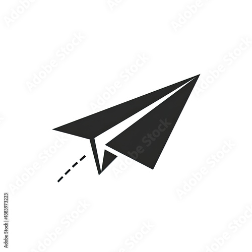 A simple illustration of a gray paper airplane with a dotted line trail against a black background