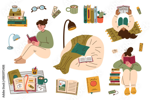 Reading corner set with cozy armchair, blanket and pillow, floor and table lamps, women reading in relaxed poses, stacks of books. Flat cartoon vector illustration, home comfort themes