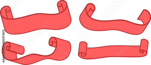 見出しや文字装飾に使いやすい巻物風の赤いリボンバナーを集めたフラットデザインイラスト素材