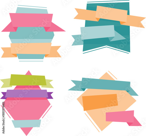 文字配置に使いやすいカラフルなリボンとバナーを組み合わせた装飾フレームイラスト素材