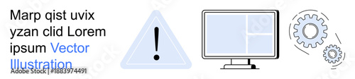 Cybersecurity, system error, technical issues, IT management, troubleshooting, software settings. Exclamation warning sign, computer monitor and gear icons. Cybersecurity and system error theme