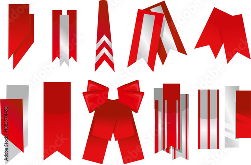 立体感のある赤いリボン型見出し装飾パーツ素材セット｜縦長リボン・しおり風タグ・プレゼントアニバーサリーメダル用リボンを含む多用途デザイン、セール告知・キャンペーン・記念日デザインに使える装飾イラスト