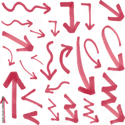 手描き水彩タッチで描かれた赤い矢印アイコン素材集｜曲線・ジグザグ・上下左右さまざまな方向を示すラフな矢印イラスト、資料説明・誘導表示・デザイン装飾に使えるアナログ風セット