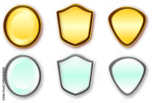 金色とシルバーの光沢フレームメダルイラストセット｜盾形・楕円形の装飾枠を組み合わせた表彰・認定・高級デザイン向け素材
