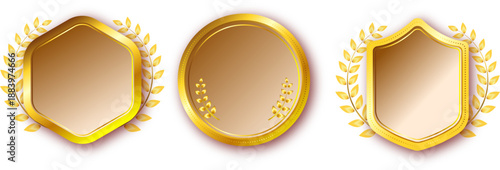 月桂樹モチーフをあしらった金色メダルフレームイラストセット｜表彰・認定・達成・高級感のあるアワードデザインに使える装飾枠素材