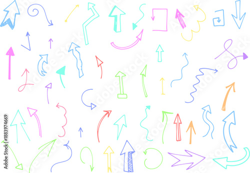 手描き風のカラフルな矢印が多数描かれた装飾イラストセット、視線誘導・説明補足・発想整理・アイデア表現に使える資料作成やWebデザイン向けのアクセント素材