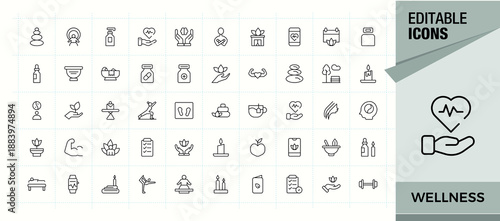 Wellness line icon set. Minimalist editable vector stroke. Health icon pack. Contains such icons as activity, meditation, mental, exercise, diet, yoga and more.