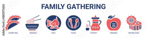 Family Gathering web banner icon vector illustration concept with icon of dumpling, noodle, fish, food, teapot, orange, and moon cake.