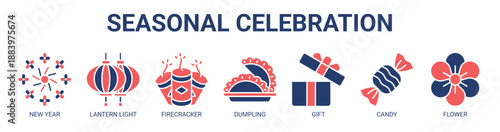 Seasonal Celebration web banner icon vector illustration concept with icon of new year, lantern light, firecracker, dumpling, gift, candy, and flower.