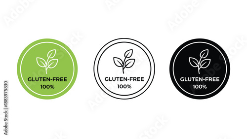 Gluten-free food labels with leaf icons on white background