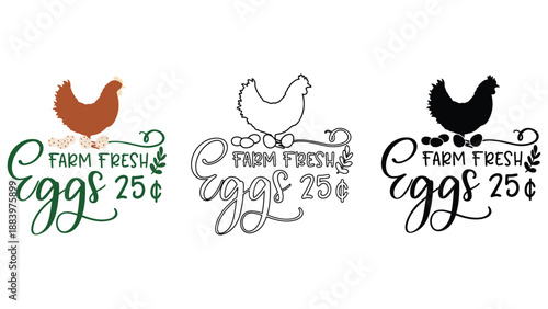 Three farm fresh egg logos with chicken illustrations and decorative text