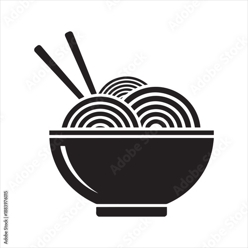 Black Noodles Bowl Icon with Chopsticks - Asian Food Silhouette