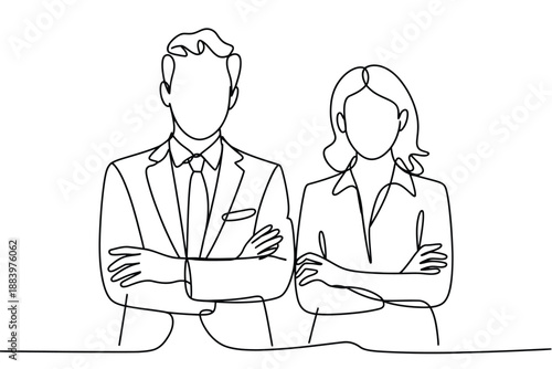 A minimalist line drawing of a man and woman in business attire