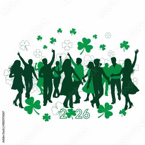 Silhouettes of people dancing and celebrating with shamrocks for St. Patrick's Day 2026
