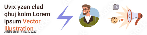 Marketing, branding strategy, financial growth, online promotion, digital sales, customer engagement. A man, lightning bolt and megaphone with financial icons. Marketing and branding strategy