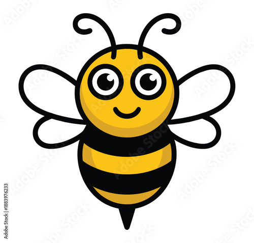 A cartoon bee with a happy face and big eyes on white background