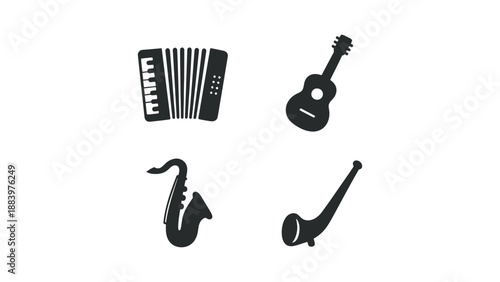 A collection of musical instruments including guitar and saxophone