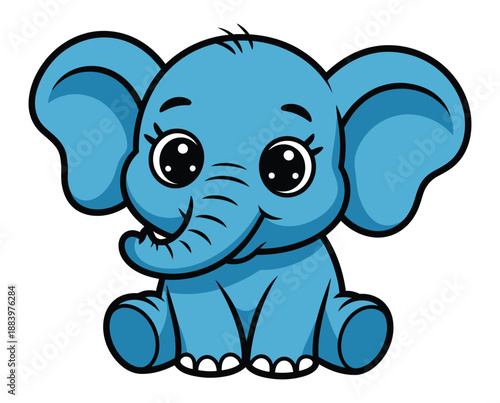 A cute cartoon blue elephant sitting on a white background smiling
