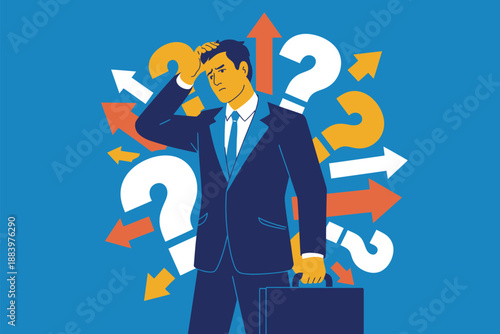 A stressed businessman surrounded by question marks and arrows in confusion