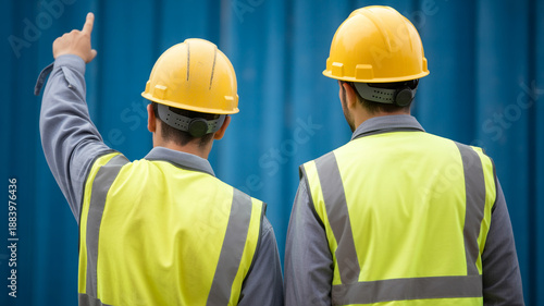 Two construction workers in high vis vests and hard hats pointing up