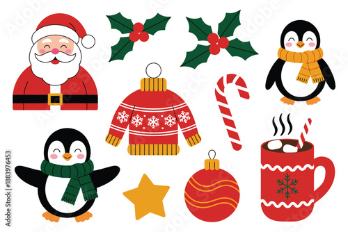 A festive holiday illustration featuring Santa Claus, penguins, and Christmas decorations