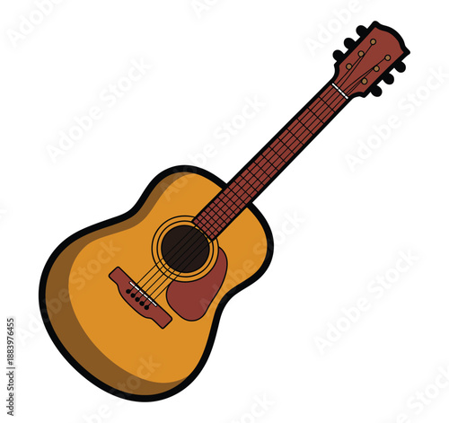 A cartoon acoustic guitar with a light brown body and dark brown neck