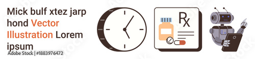 Time management, healthcare, AI robotics, automation, pharmacy, digital innovation. Clock, prescription icon and a robot holding a tablet. Time management and healthcare concepts