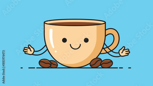 Cartoon coffee cup with coffee beans on blue background