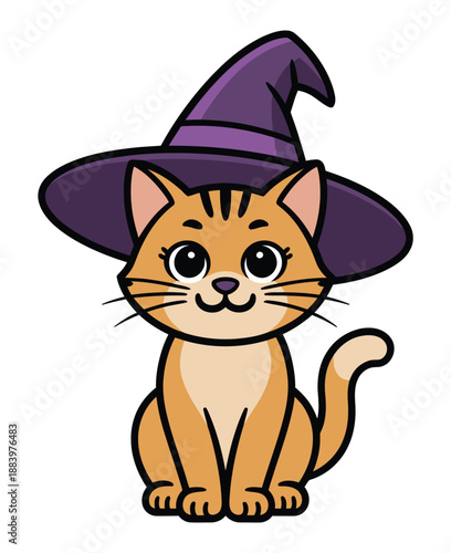 A cartoon cat wearing a purple witch hat on Halloween night