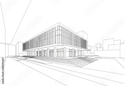 Hand-Drawn Architectural Perspective of Contemporary Commercial Building Design